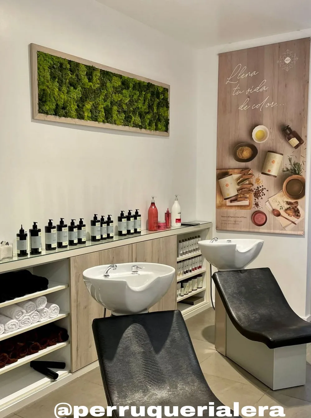 Zona de rentat de L'Era Perruqueria amb la paret vegetal